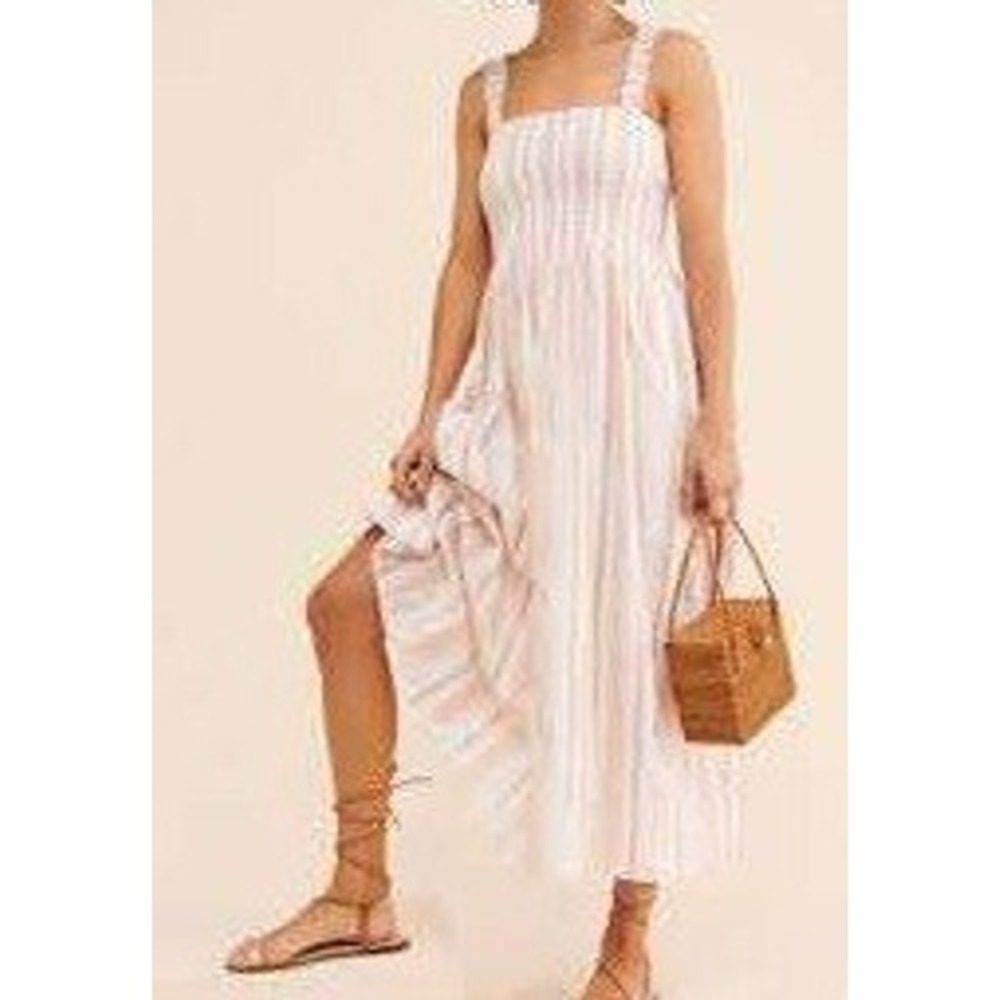 Anthropologie Steele Lovelle Cream Pink Metallic Striped Midi Sun Dress Large